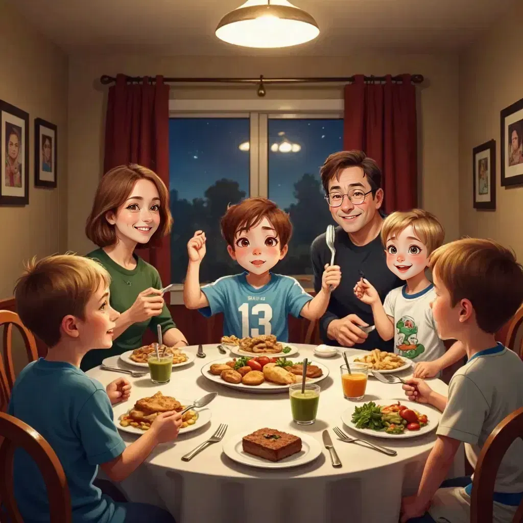 The Brown family gathered around a dinner table filled with food. Michael Brown animatedly telling a story with hands raised, mouth open mid-sentence. Raymond Brown watching his family with a warm smile, fork paused midway to his mouth. Debra Brown laughing while serving more vegetables. Ally and Geoffrey Brown giggling at their brother's story.