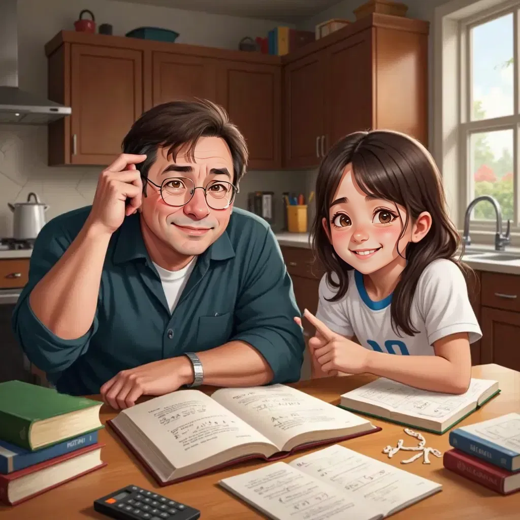 Raymond Brown sitting beside Ally Brown at the kitchen table covered with textbooks and papers. Raymond scratching his head looking confused at a complex math equation in a textbook. Ally giggling while pointing to a formula. A calculator, pencils, and eraser shavings scattered across the table.