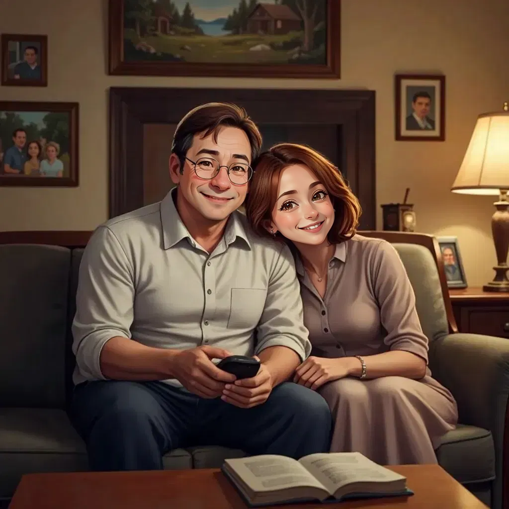 Raymond Brown and Debra Brown sitting close together on a worn but comfortable couch. The soft glow of a TV illuminating their relaxed faces. Raymond holding a remote control, eyebrow raised questioningly with a knowing smile. Debra leaning comfortably against his shoulder. Family photos visible on the wall behind them.
