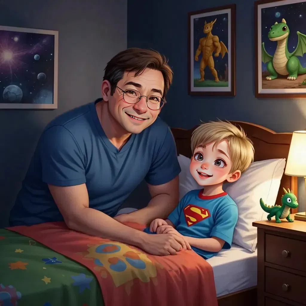 Raymond Brown sitting on the edge of Geoffrey Brown's bed in a dimly lit room decorated with space and dragon posters. Geoffrey tucked under colorful covers looking up expectantly. Raymond's hand gently resting on his son's shoulder, face soft with affection as he begins to tell a story. A stuffed dragon toy sits on the nightstand next to a small lamp casting a warm glow.