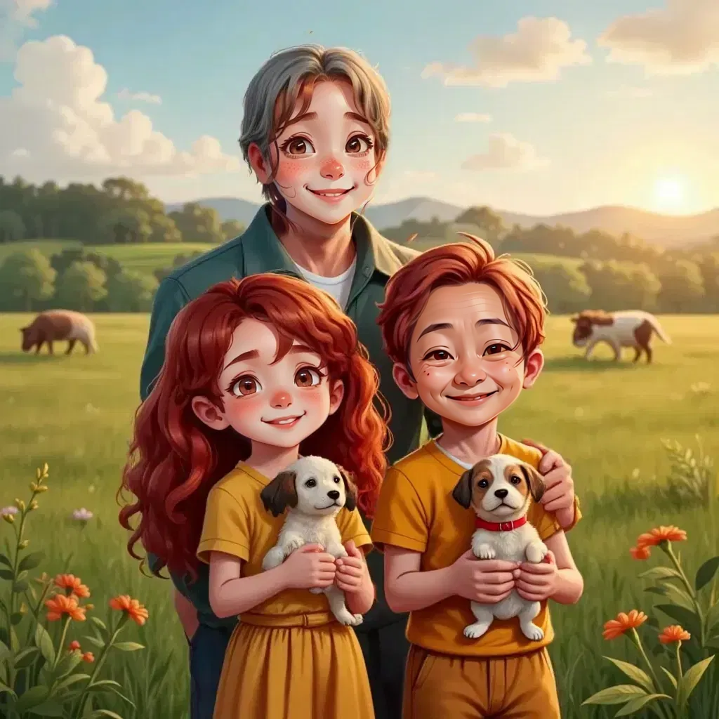 Abbie with long red hair and Kaden with freckles, smiling and holding Taiga Tu. The farmer nodding happily in the background.
