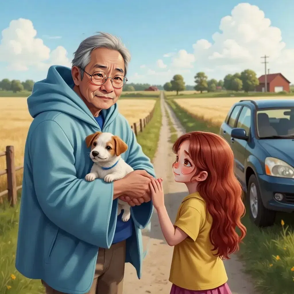 Taiga Tu wrapped in a soft blue blanket, licking the farmer's hand goodbye. Abbie carrying her to a car parked nearby.