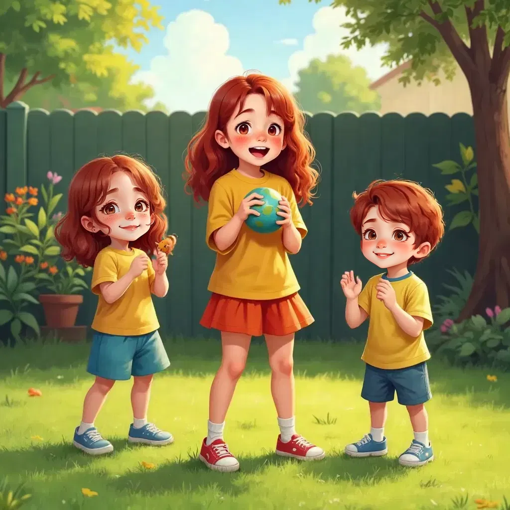 Taiga Tu with a small ball in her mouth, Abbie and Kaden clapping and cheering. A grassy backyard in the background.