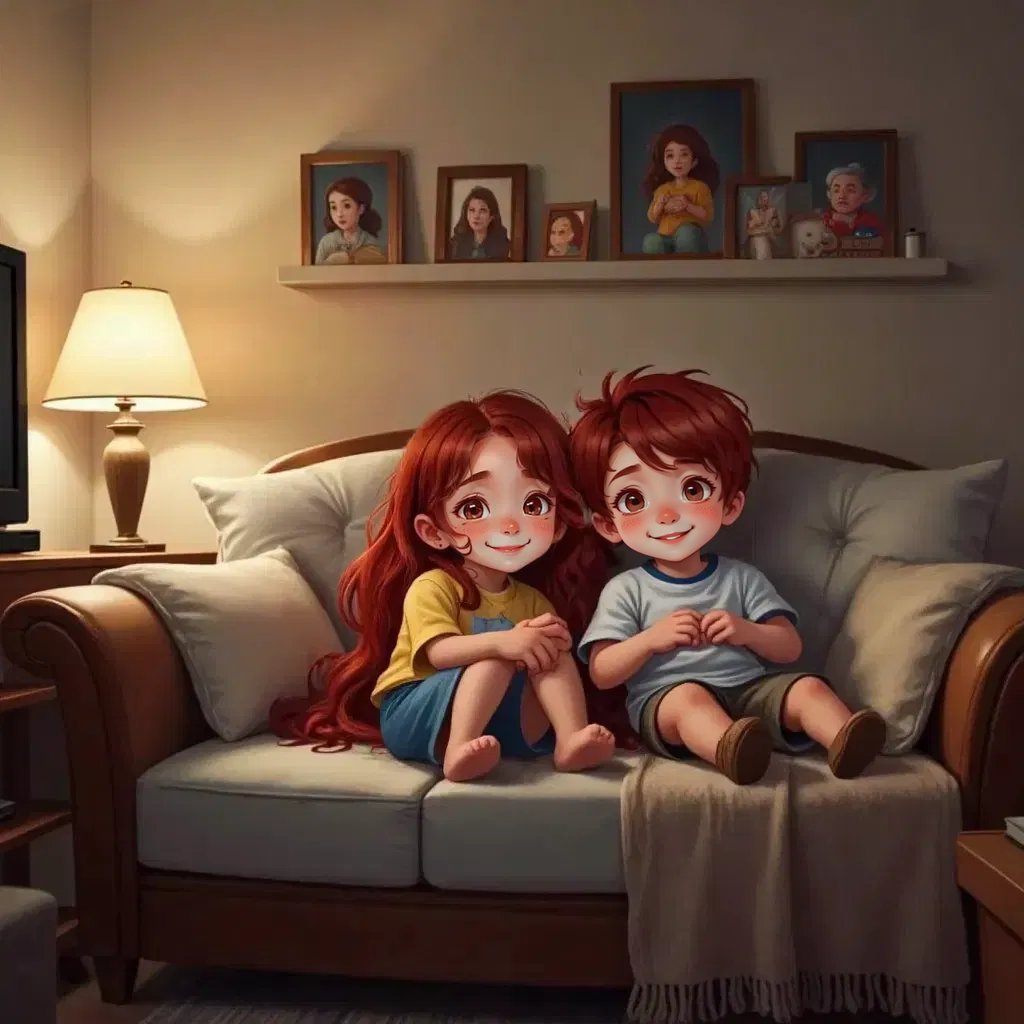 Taiga Tu cuddling on a couch with Abbie and Kaden. A TV in the background, the family watching together.
