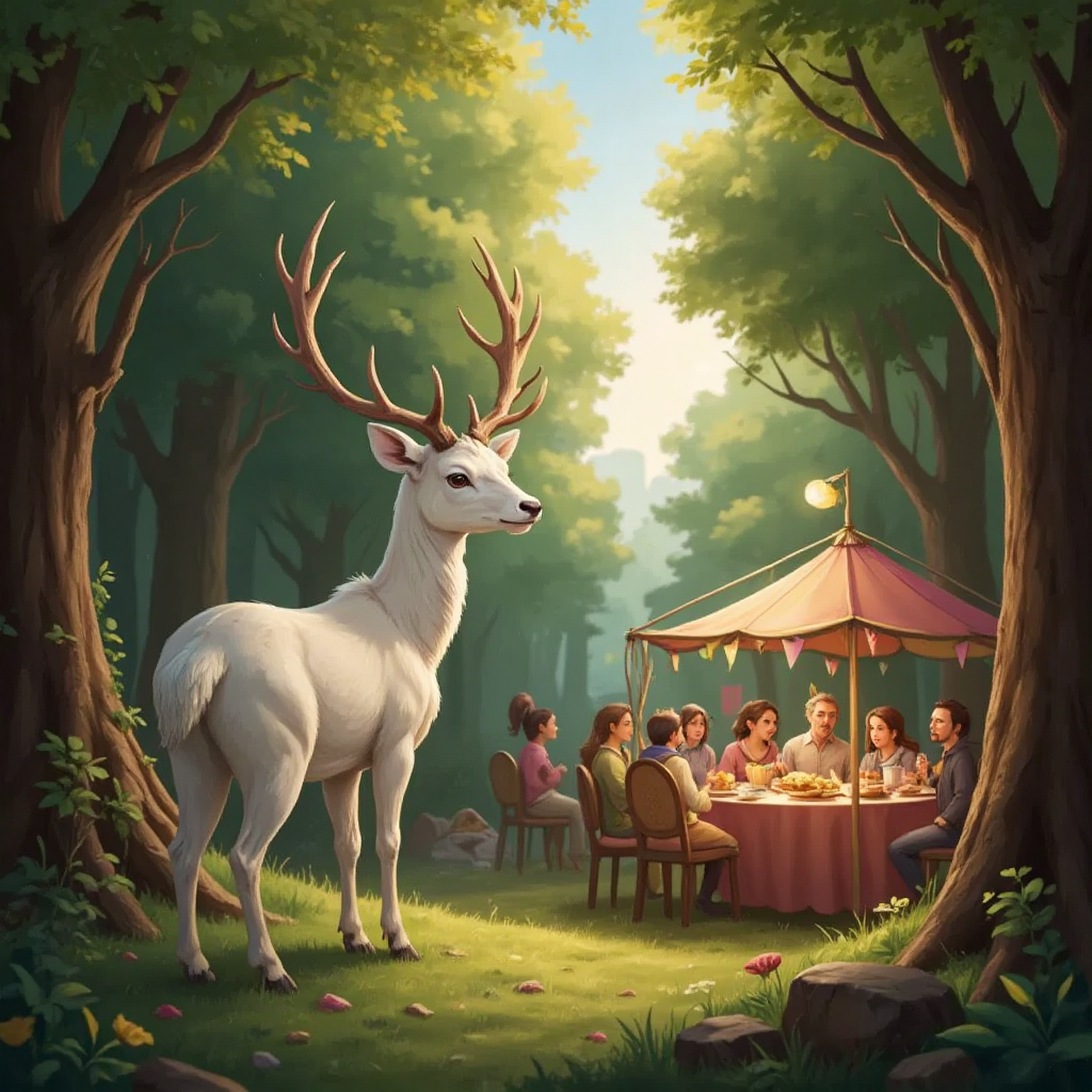A beautiful white stag standing at the edge of a forest, with a feast celebration visible in the background.