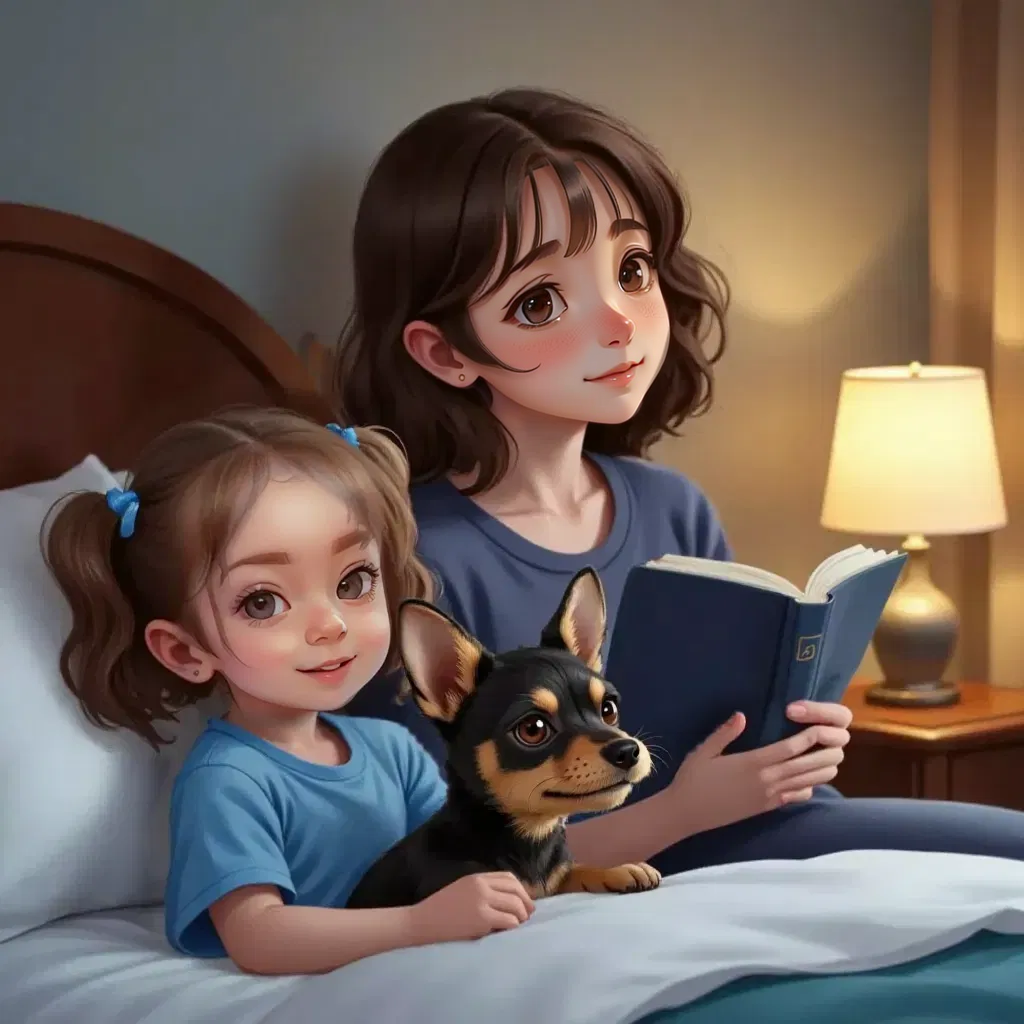 Nora in her favorite blue jammies, lying in bed with Ivy, a small scruffy black and brown Chihuahua-Schnauzer mix dog with floppy ears and brown eyes, curled up beside her. A book open in Mommy's hands.
