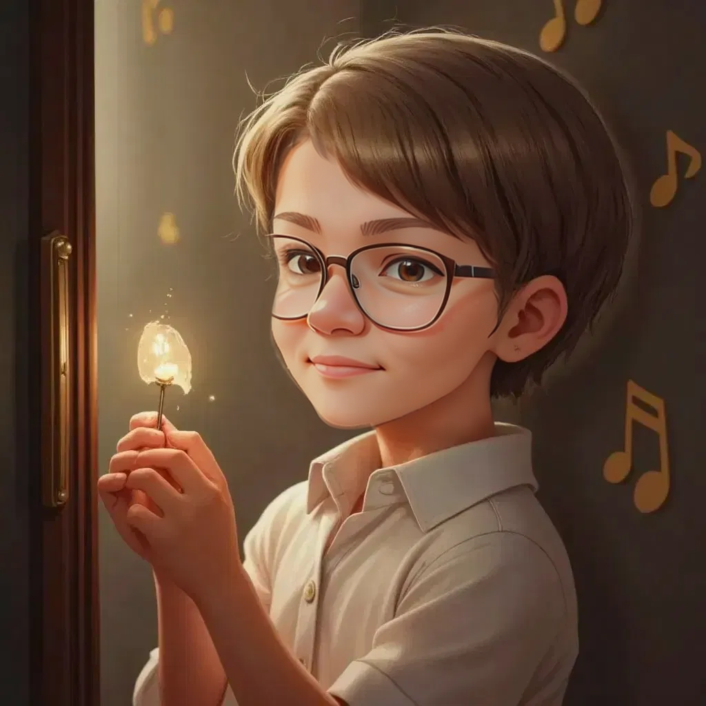 Димчик holding a musical note, looking wistful, thinking about Мама Катя.