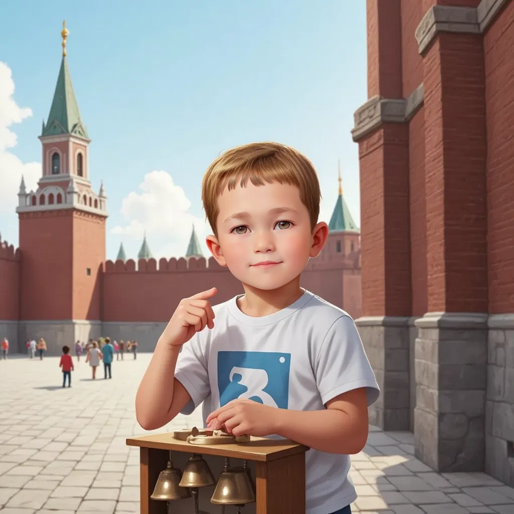 Димчик near the Kremlin walls, solving a musical puzzle on bells, looking pensive.