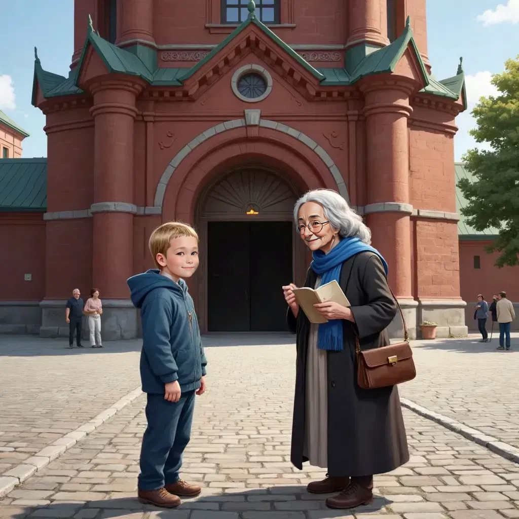 Димчик talking to Бабушка Нота, an old woman with a music notebook, under the shadow of Spasskaya Tower.
