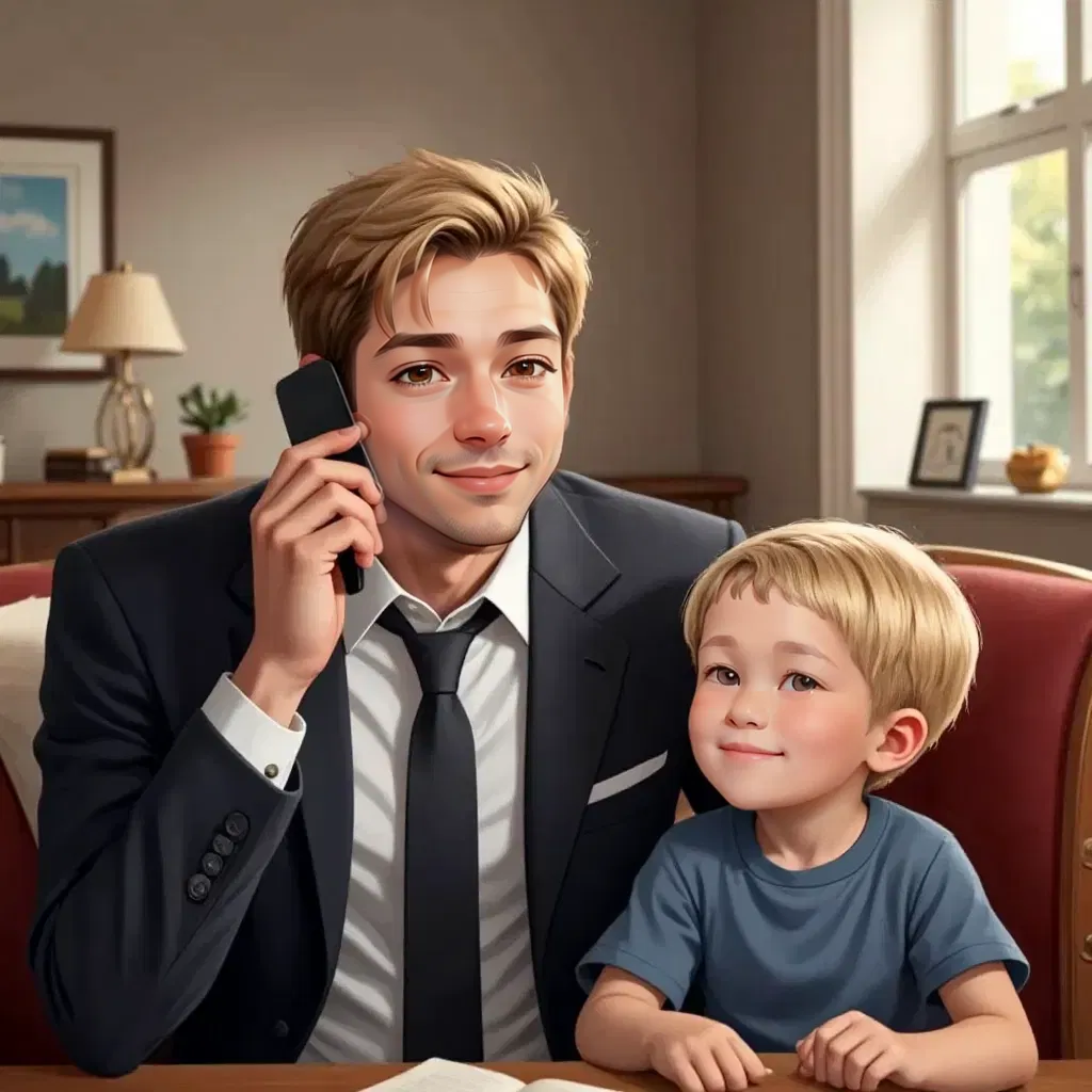 Папа on the phone with a joyful expression, Димчик listening eagerly.
