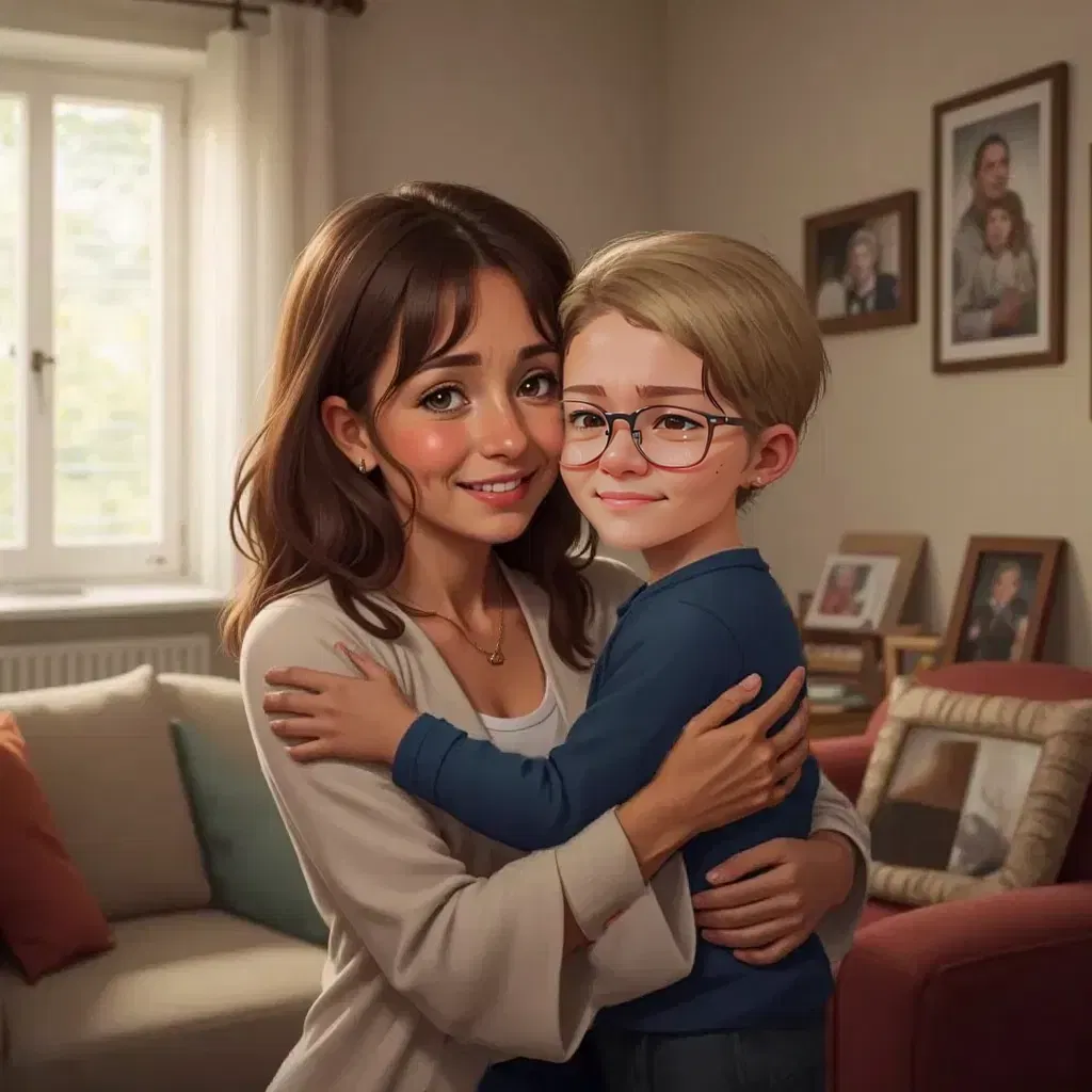Мама Катя and Димчик embracing tightly, tears in her eyes.