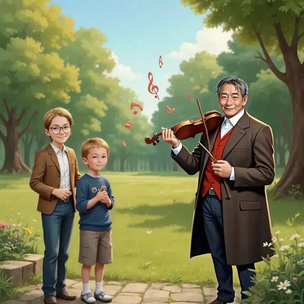 Димчик, Мама Катя, and Папа in a park with Михаил, musical notes flying back to the violin.