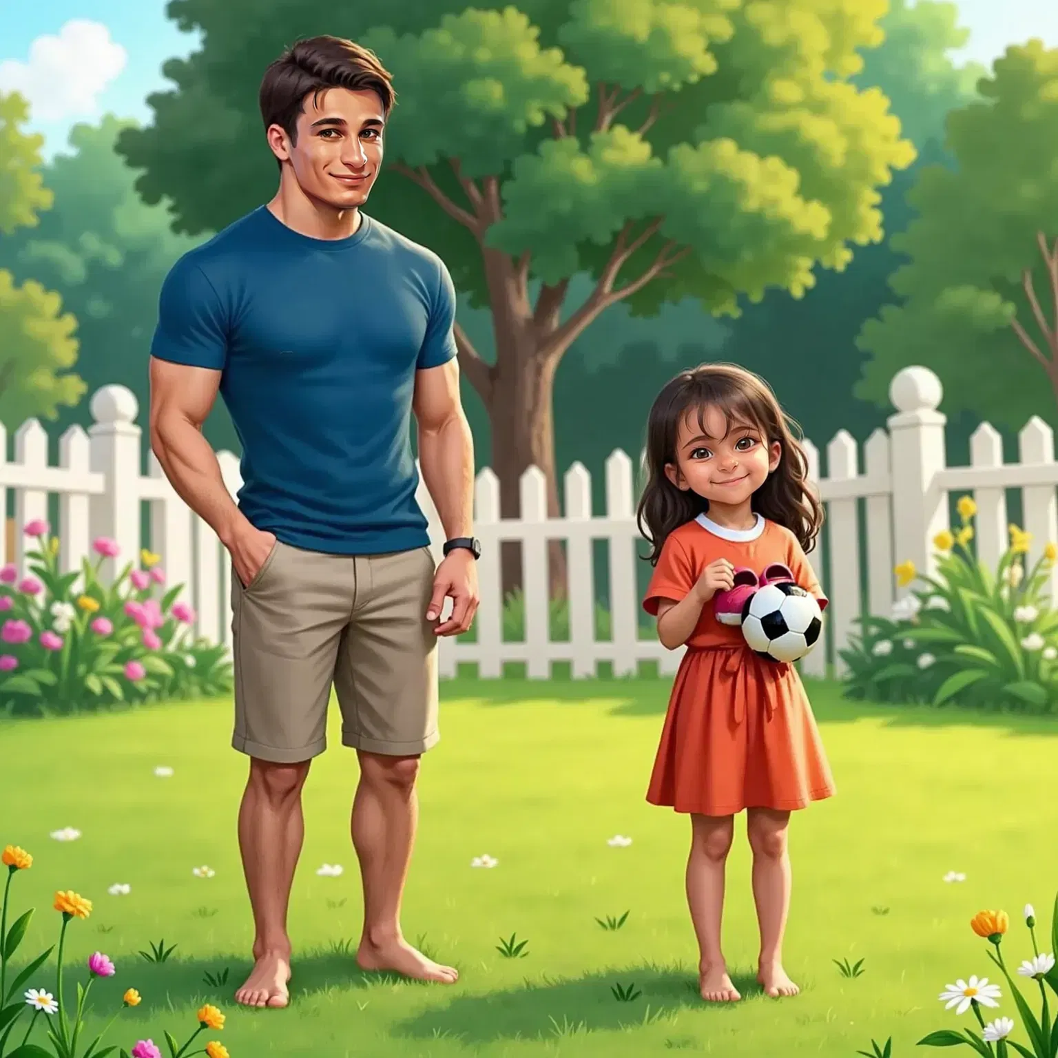 Mia with a big smile, holding her little red shoes, Uncle Dejan standing nearby with a friendly smile