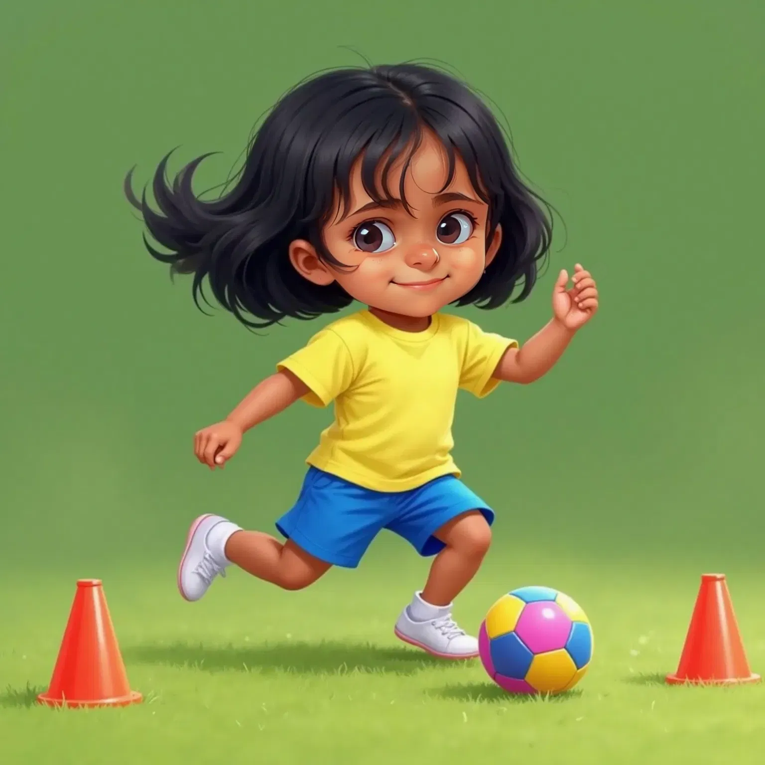 Mia concentrating hard with her tongue sticking out, kicking a small colorful ball between training cones
