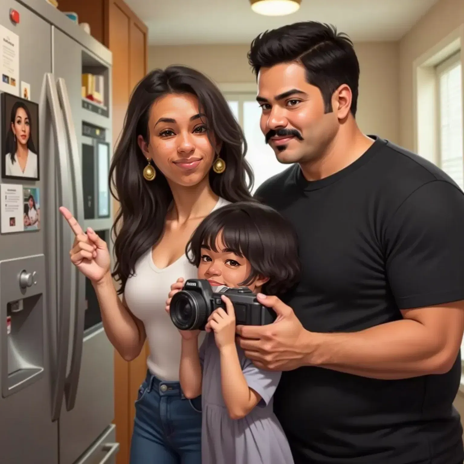 A proud Mom displaying a blurry photo on a fridge, with a young child holding a camera. Dad's hands gently guiding the child's hands on the camera.