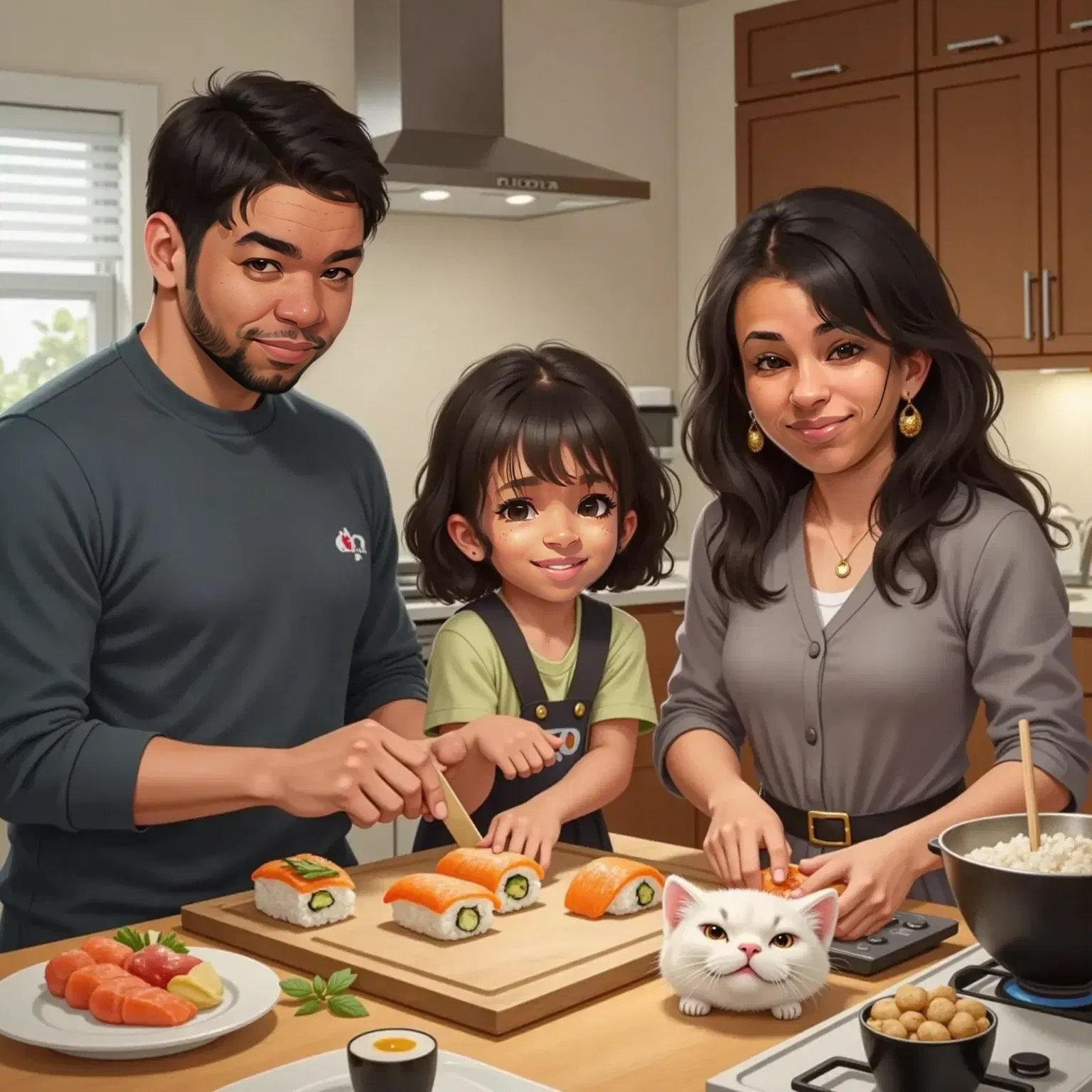 A lively kitchen scene with Dad preparing sushi, a fluffy Manx cat darting between legs, and Sister showing a child how to roll maki. Mom cooking rice nearby.