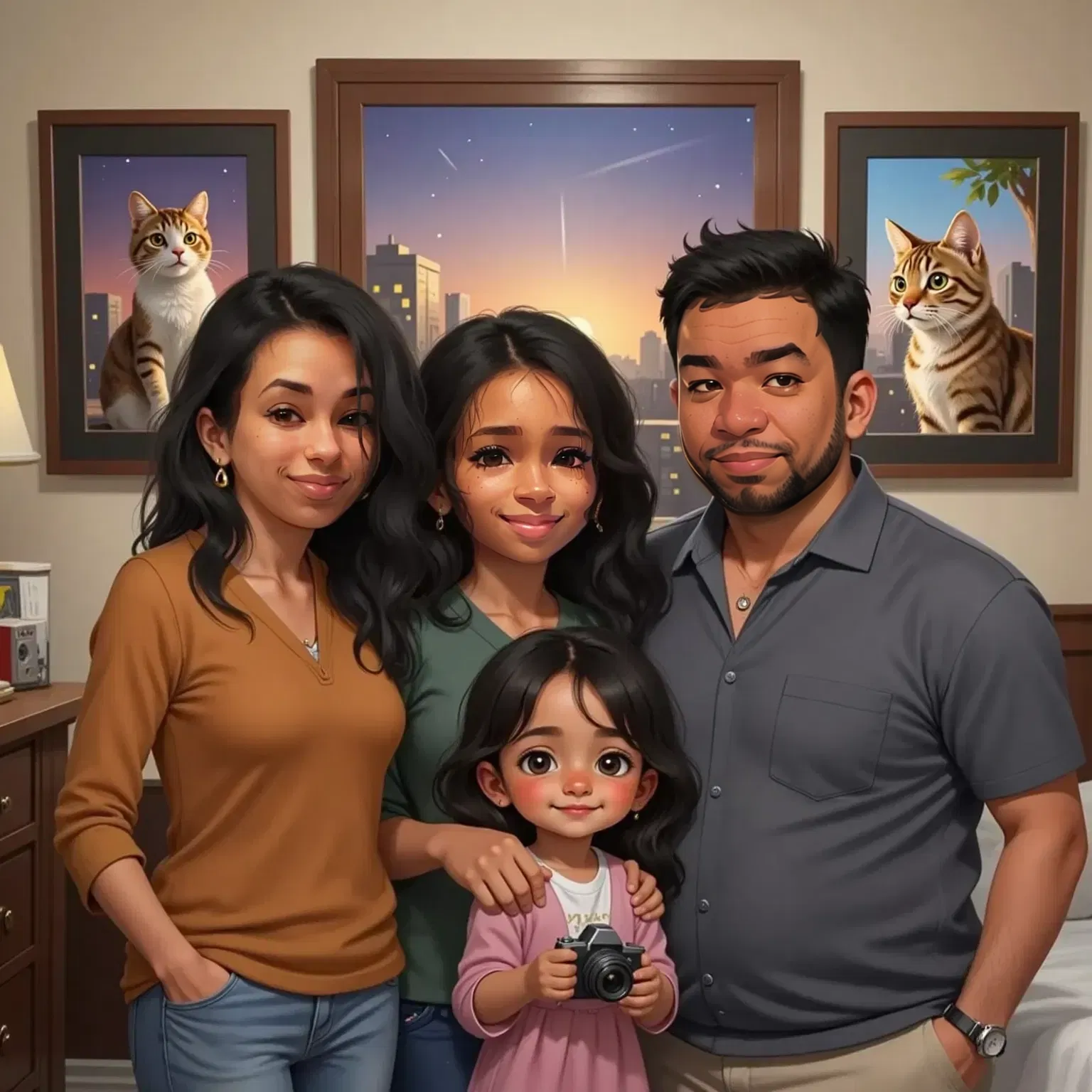 Bedroom walls filled with photos of a fluffy Manx cat, Sister dancing, and city lights at dusk. A child holding a camera, with Mom and Dad smiling proudly.