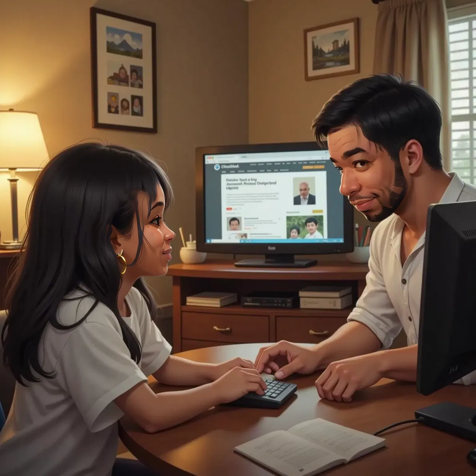 A child scrolling through photos of Japan on a computer, with Dad teaching Japanese phrases. Mom watching documentaries on a TV screen.