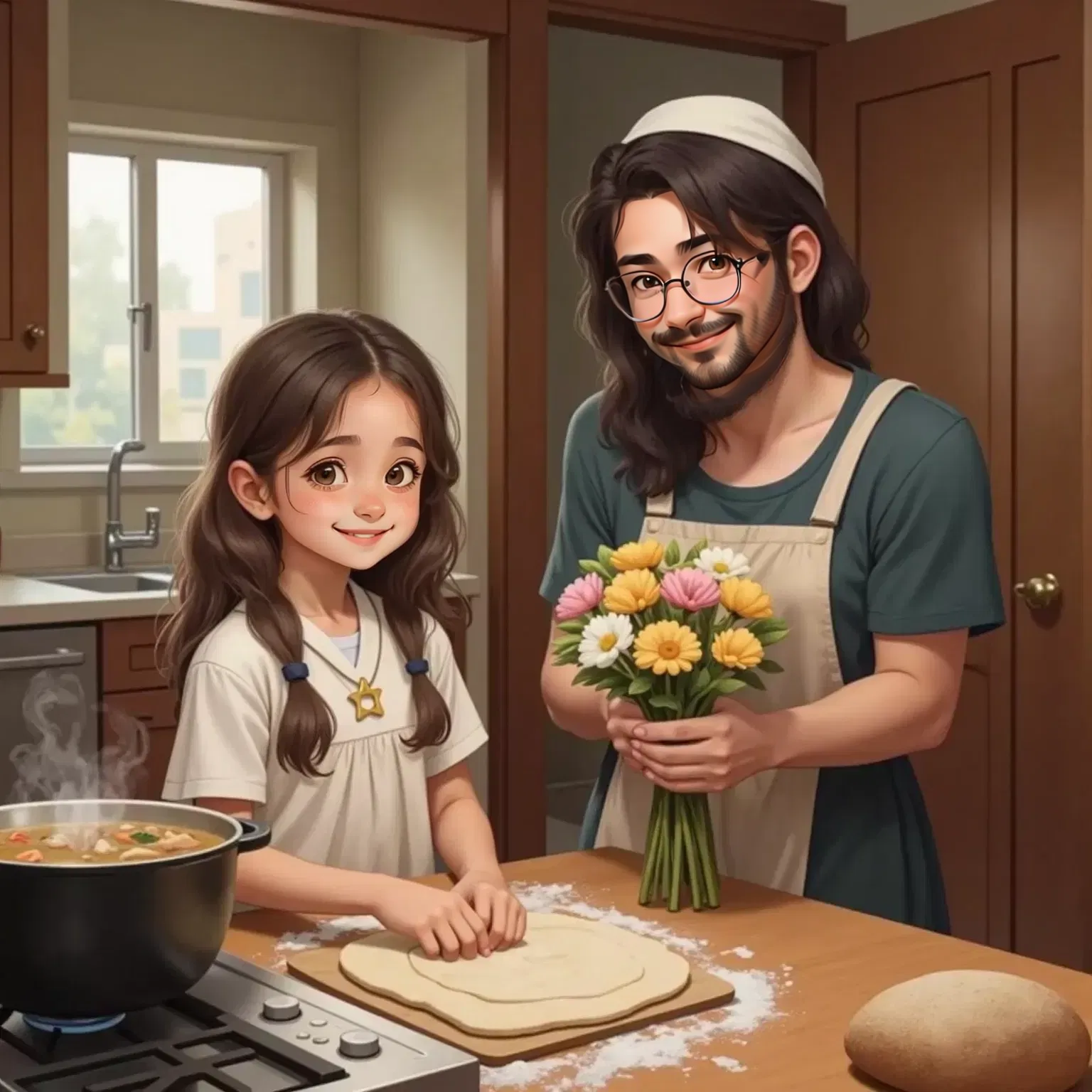 Channa and Mama in the kitchen kneading dough for challah bread on a floured counter. A pot of chicken soup steaming nearby. Papa standing at the doorway holding a bouquet of colorful fresh flowers.
