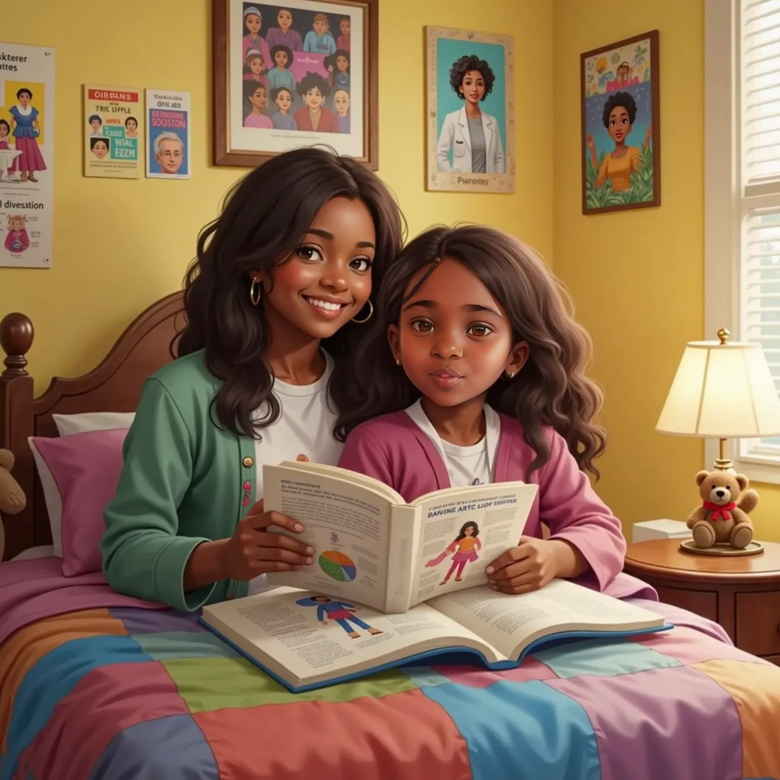 Mom and Khalia sitting on Khalia's bed, looking through a colorful book about puberty.