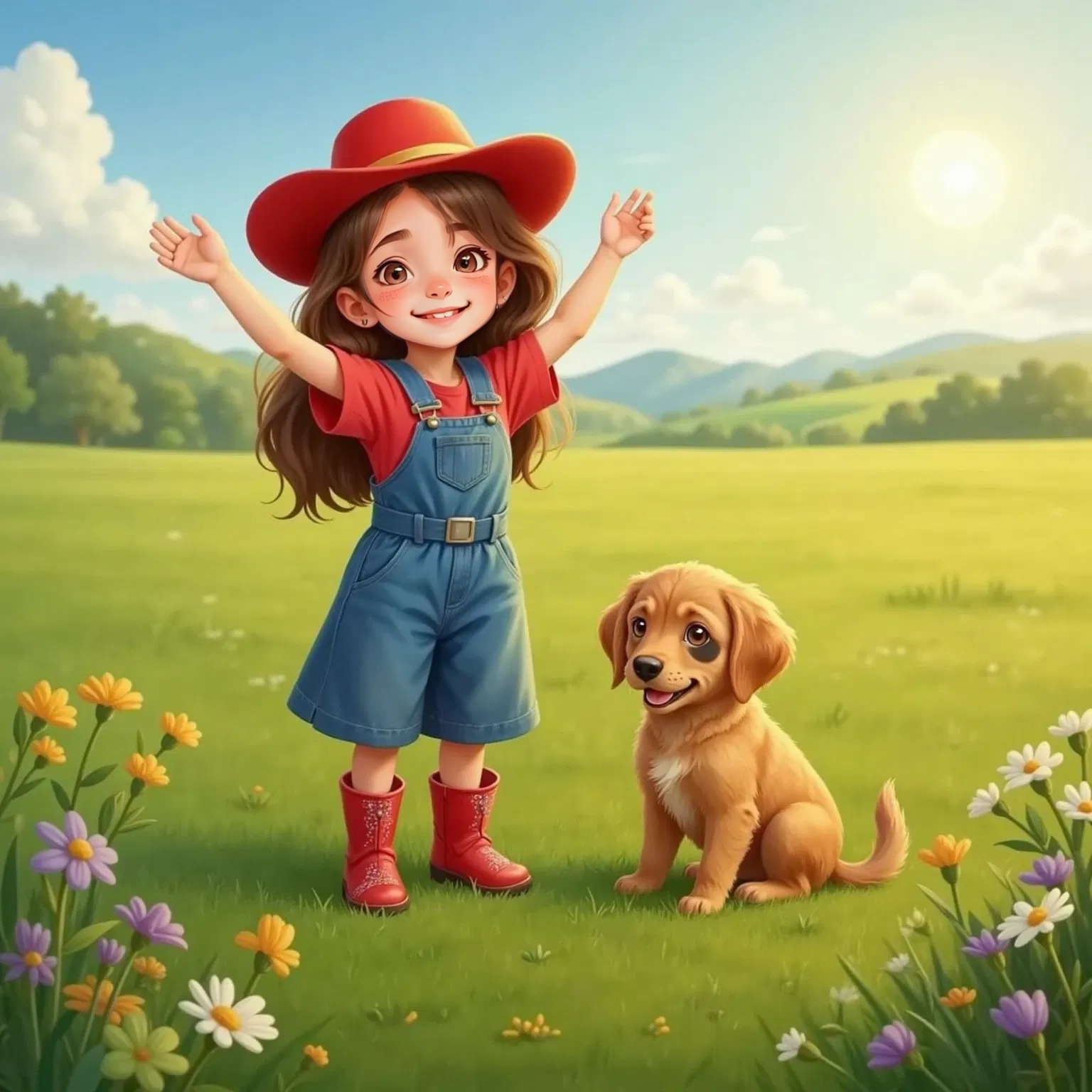 Rosie with a big smile, wearing a red cowgirl hat and sparkly boots, stretching her arms high to the sky. Puppy Patch wagging his tail beside her.