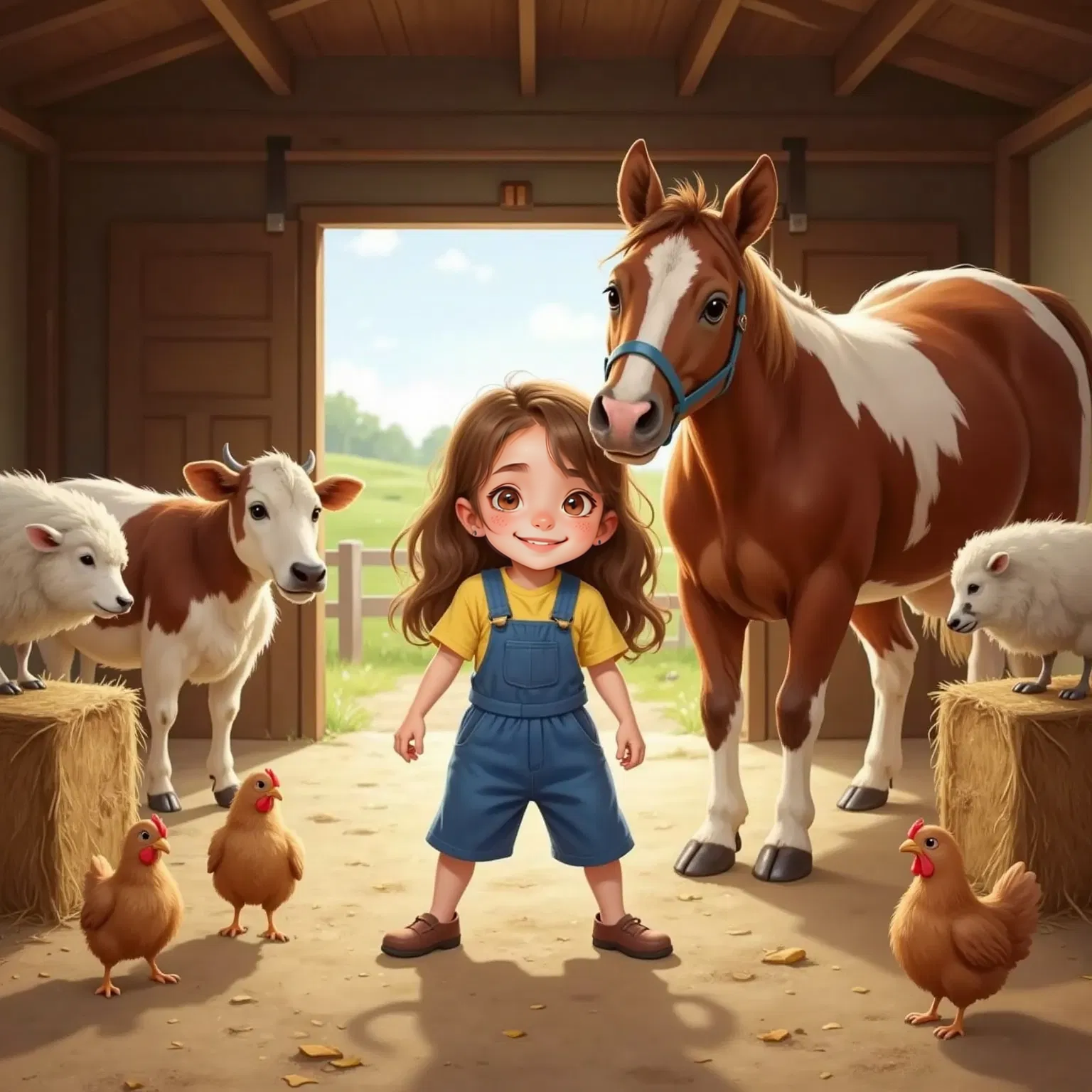 Rosie bending side to side in a barn, surrounded by Horse, Cow, Chicken, and Sheep. All animals mimicking her movements.