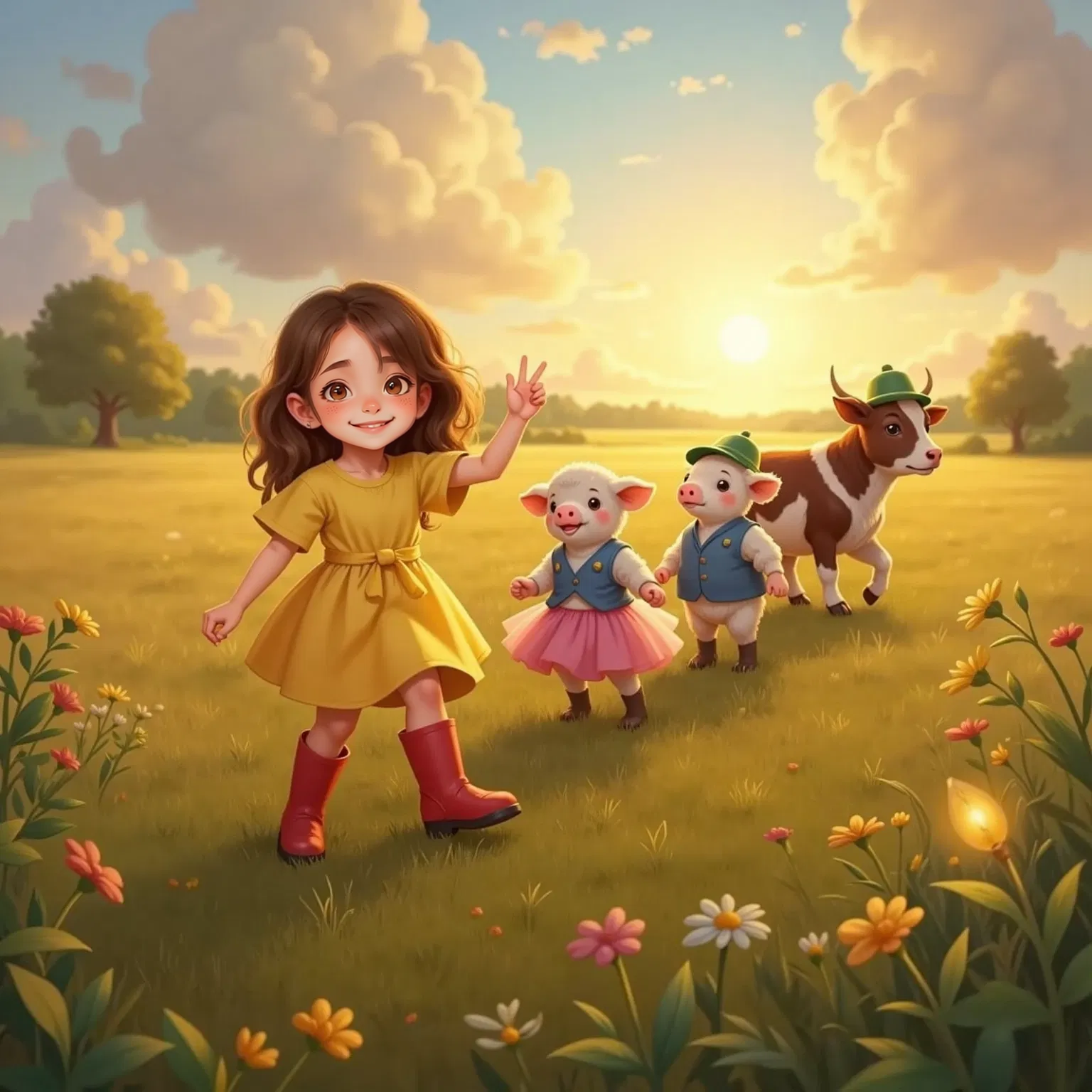 Rosie leading a line of animals, kicking their legs and waving their arms in a sunset-lit field.