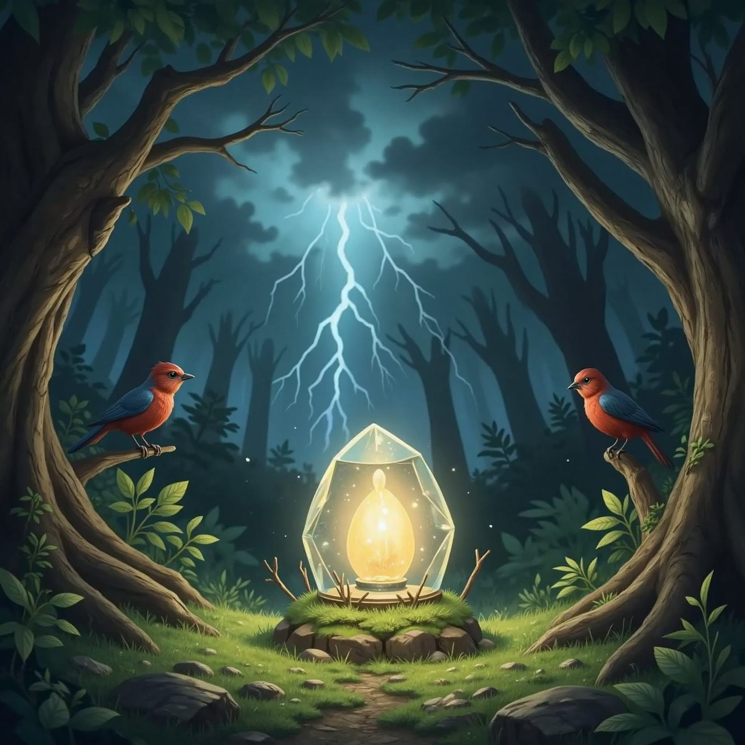A glowing stone on the ground with darkening clouds overhead, birds perched on nearby branches