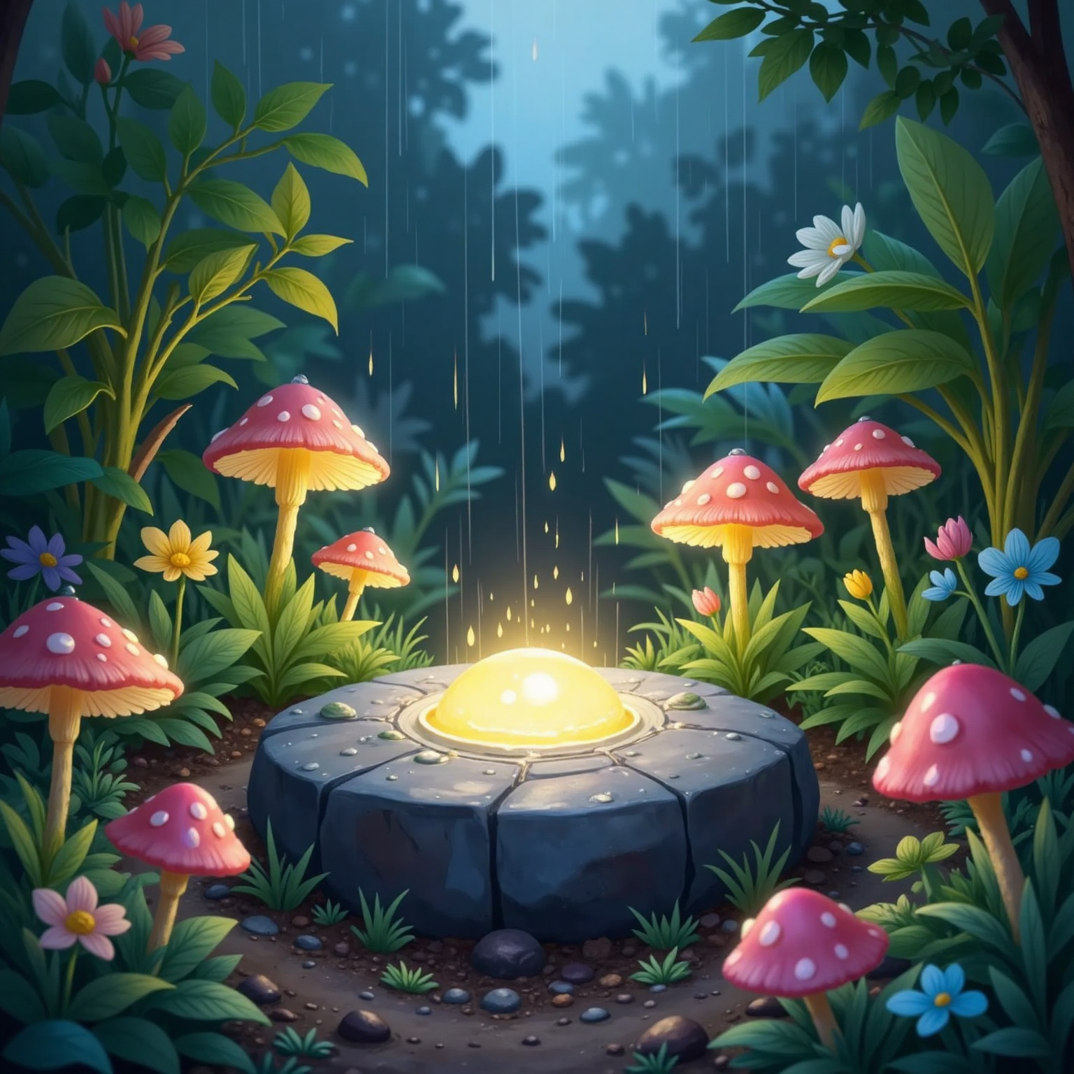 Luminescent plants sprouting around a glowing stone in the rain, garden appearing content