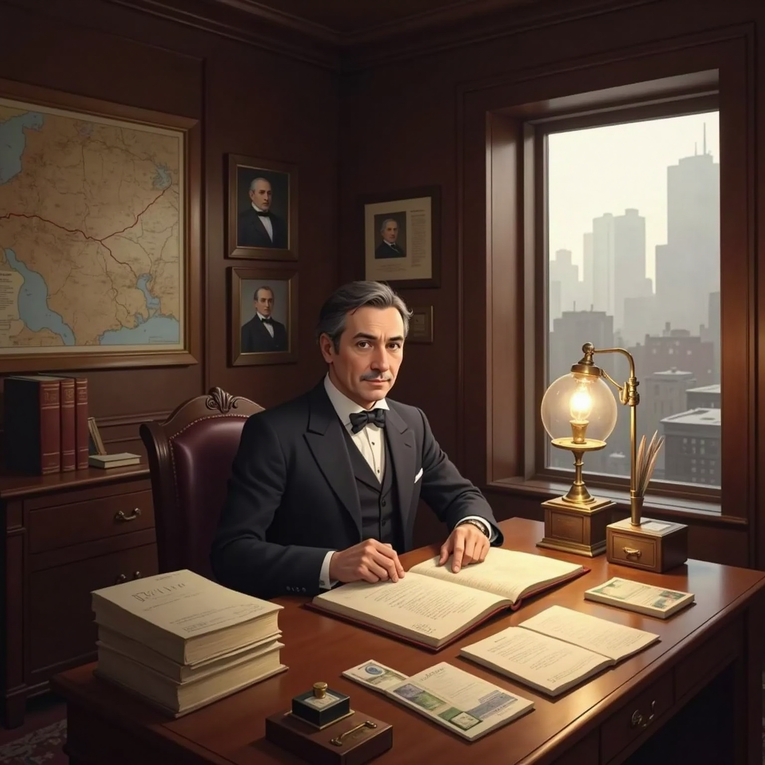 rockefeller age 31 in an old 1850s office looking over paper with a stack of money on the desk