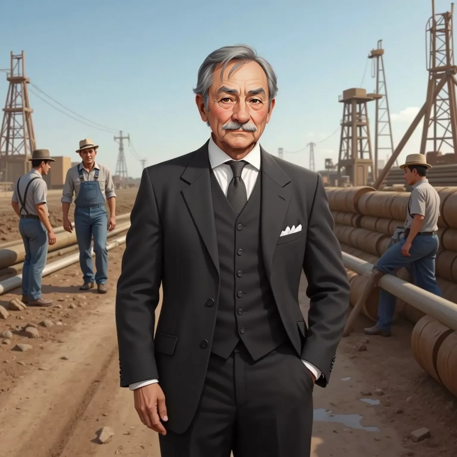 John D. Rockefeller very young at age 30 in an oil field, overseeing workers constructing pipelines, with oil derricks and barrels in the background.