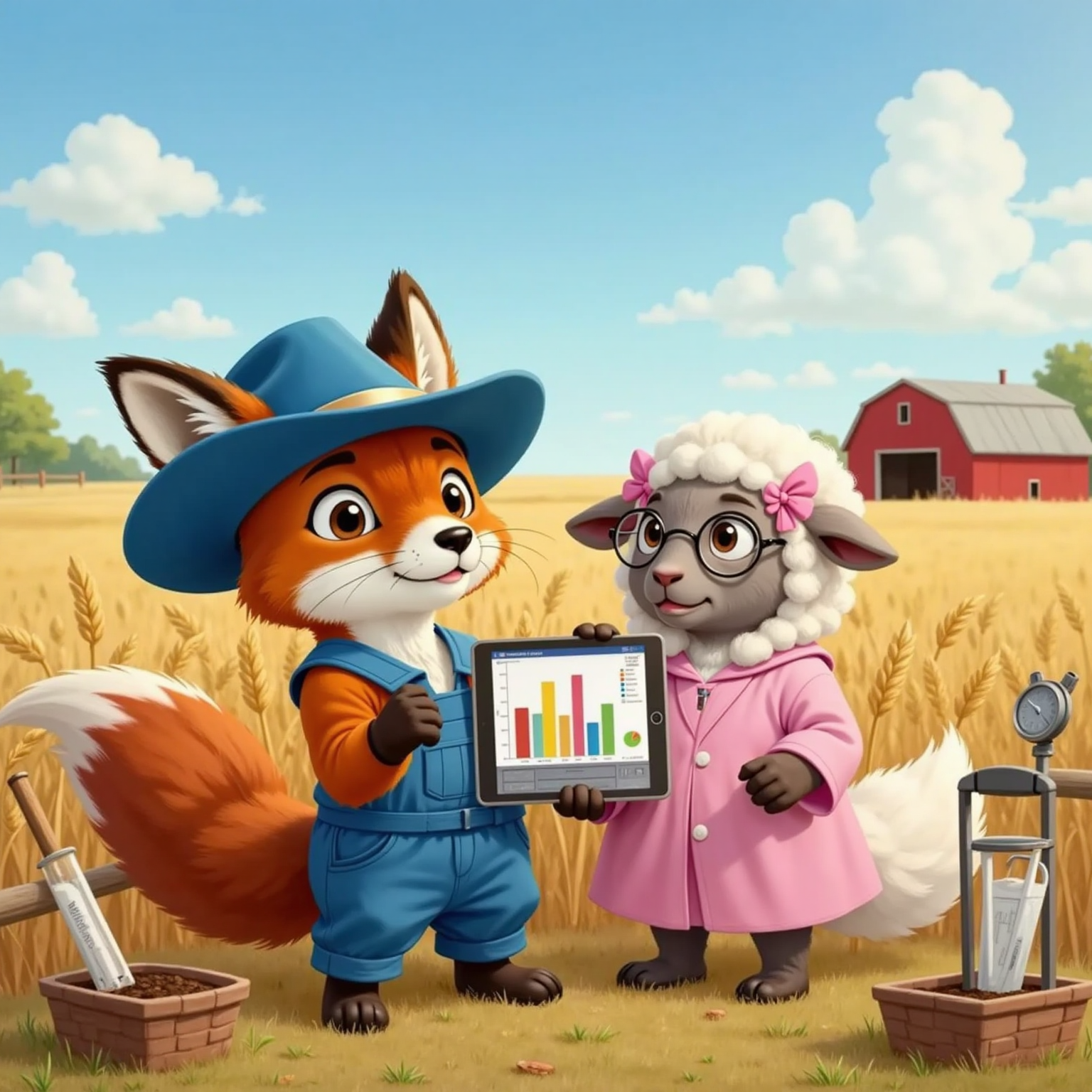 Sandy the Soil Scientist reviewing data with Farmer Fox, both looking thoughtful