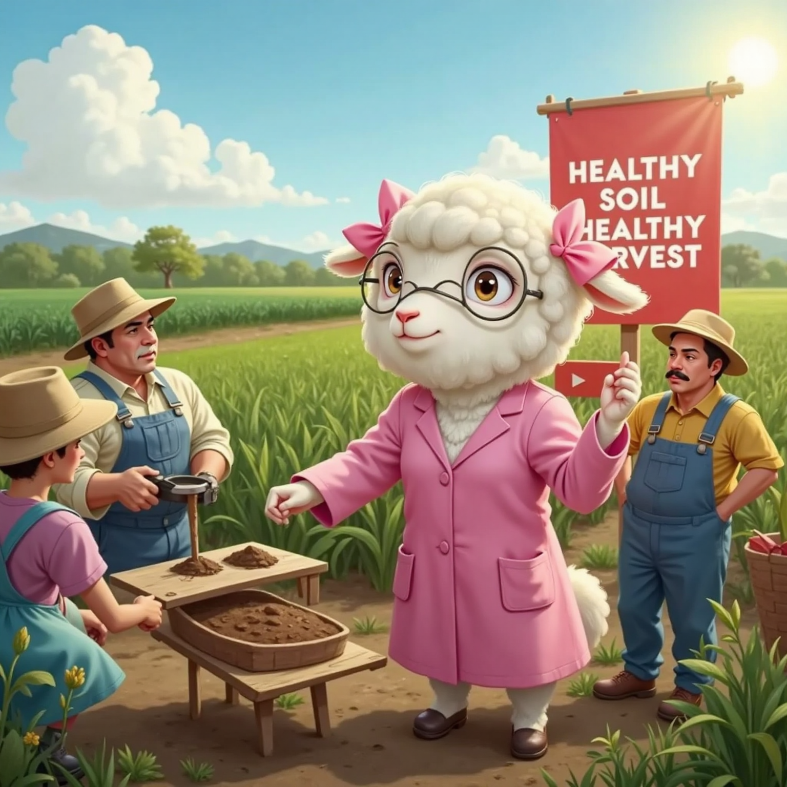 Sandy the Soil Scientist confidently addressing farmers, adjusting her pink bow