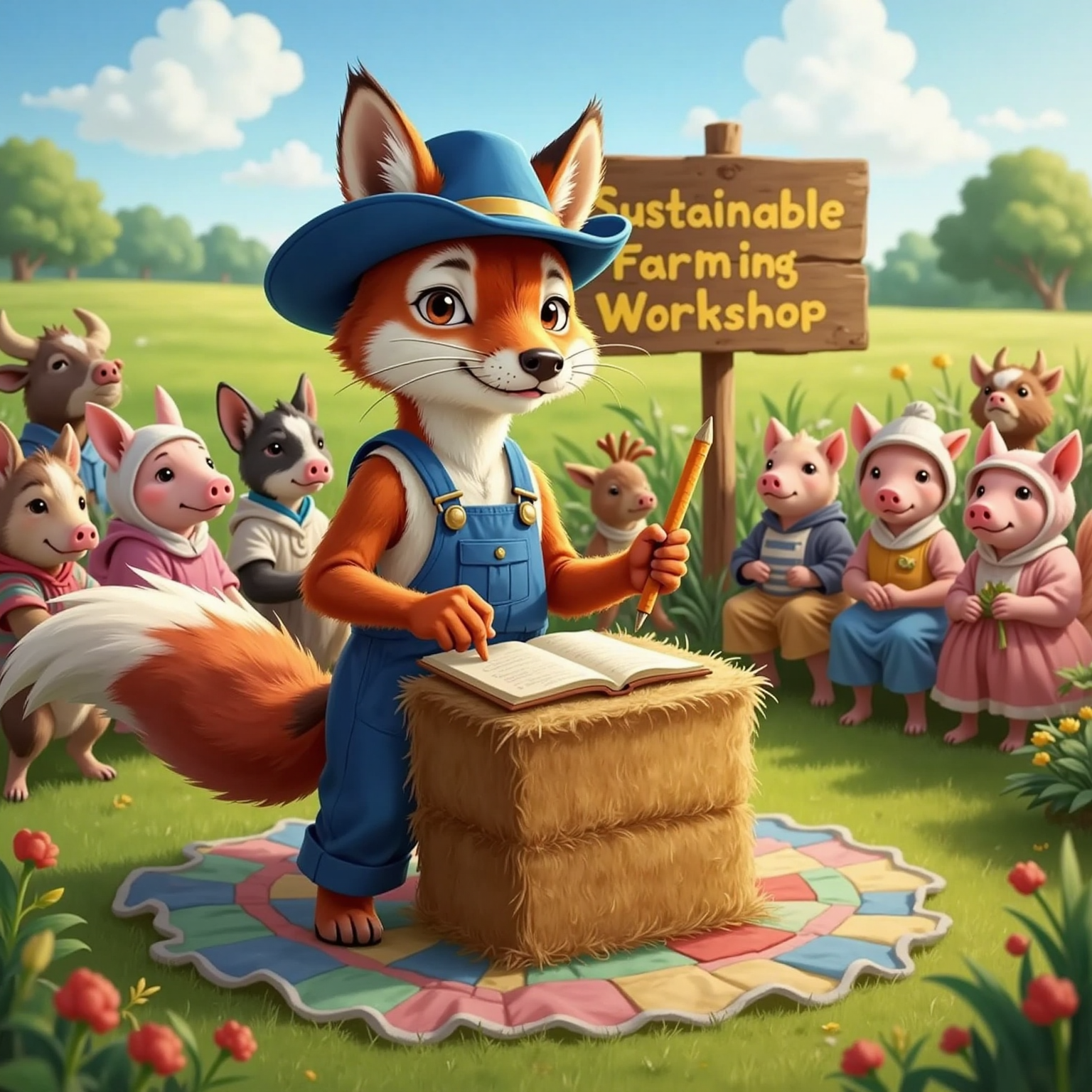 Farmers listening attentively, Farmer Fox taking notes with enthusiasm