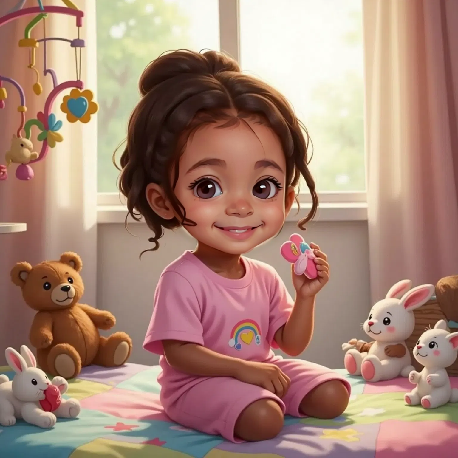 Clea holding Paci, a colorful pacifier with rainbow hearts, sitting on a bed with a big smile
