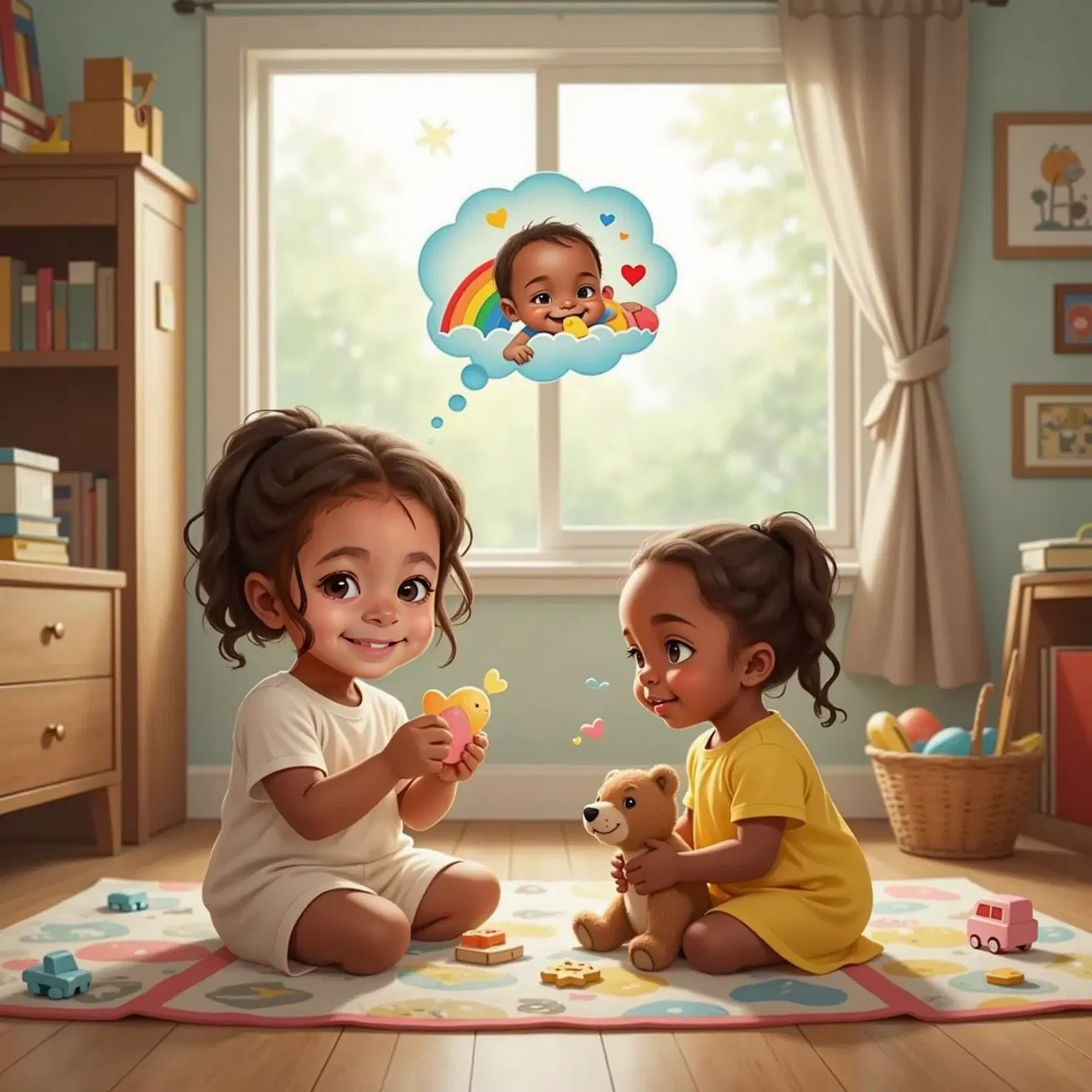 Clea smiling, imagining Paci comforting another baby, with her little sister nearby