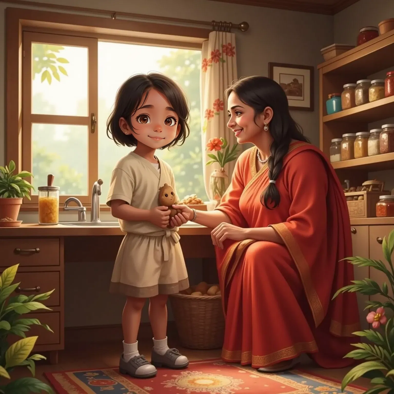 Felix and Grandmother standing together, Felix smiling with gratitude
