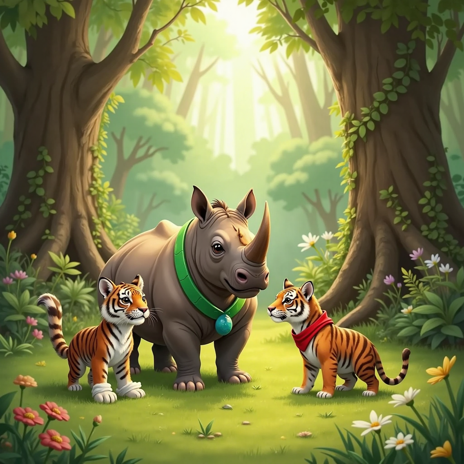 Dada the rhinoceros with a green necklace standing in sunlight, suggesting a plan. Rima the tiger with white shoes and Tata the tapir with a red bandana listening.