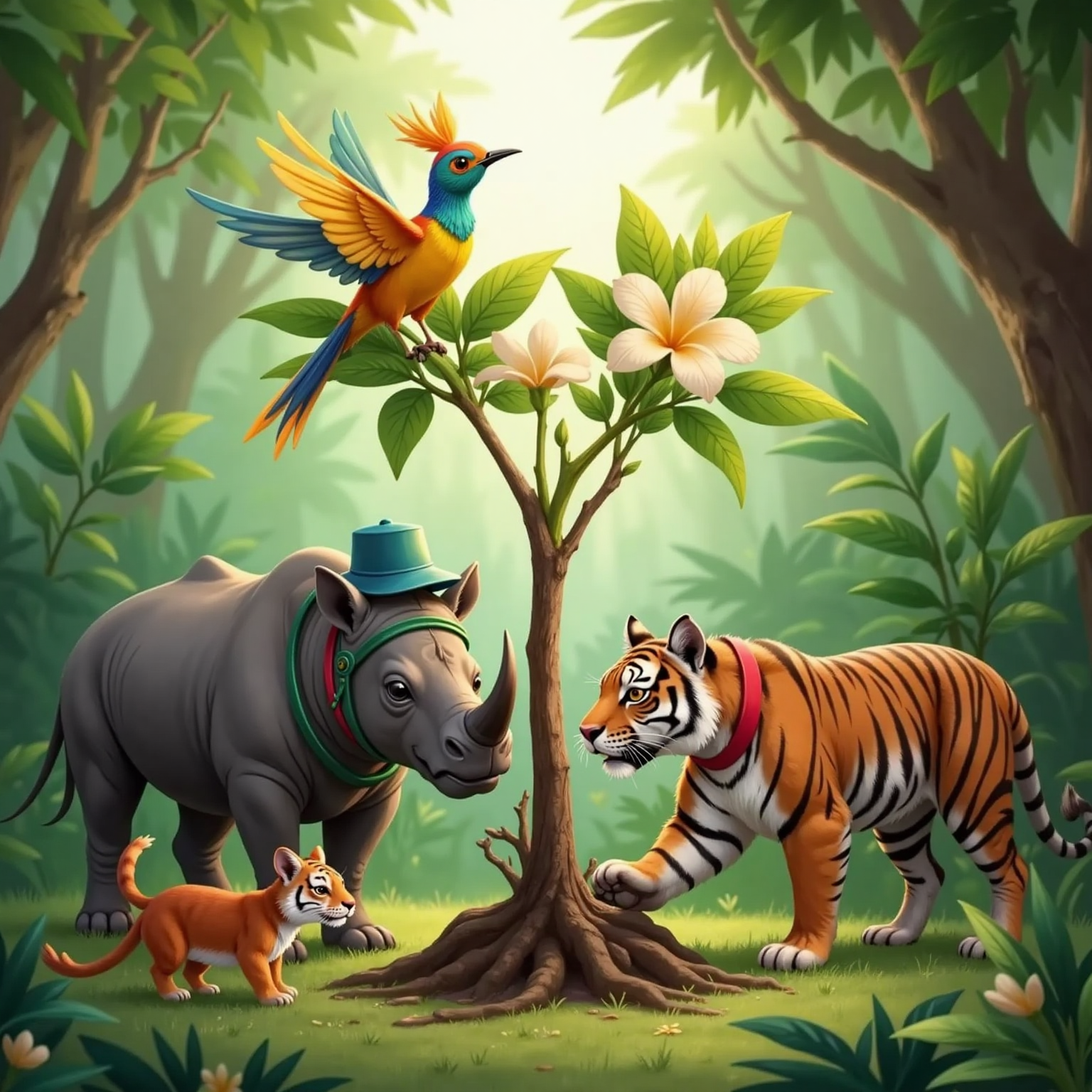 Wasi the bird of paradise with  hovering near a frangipani tree. Dada, Rima, and Tata carefully digging around the tree, a forest in the background.