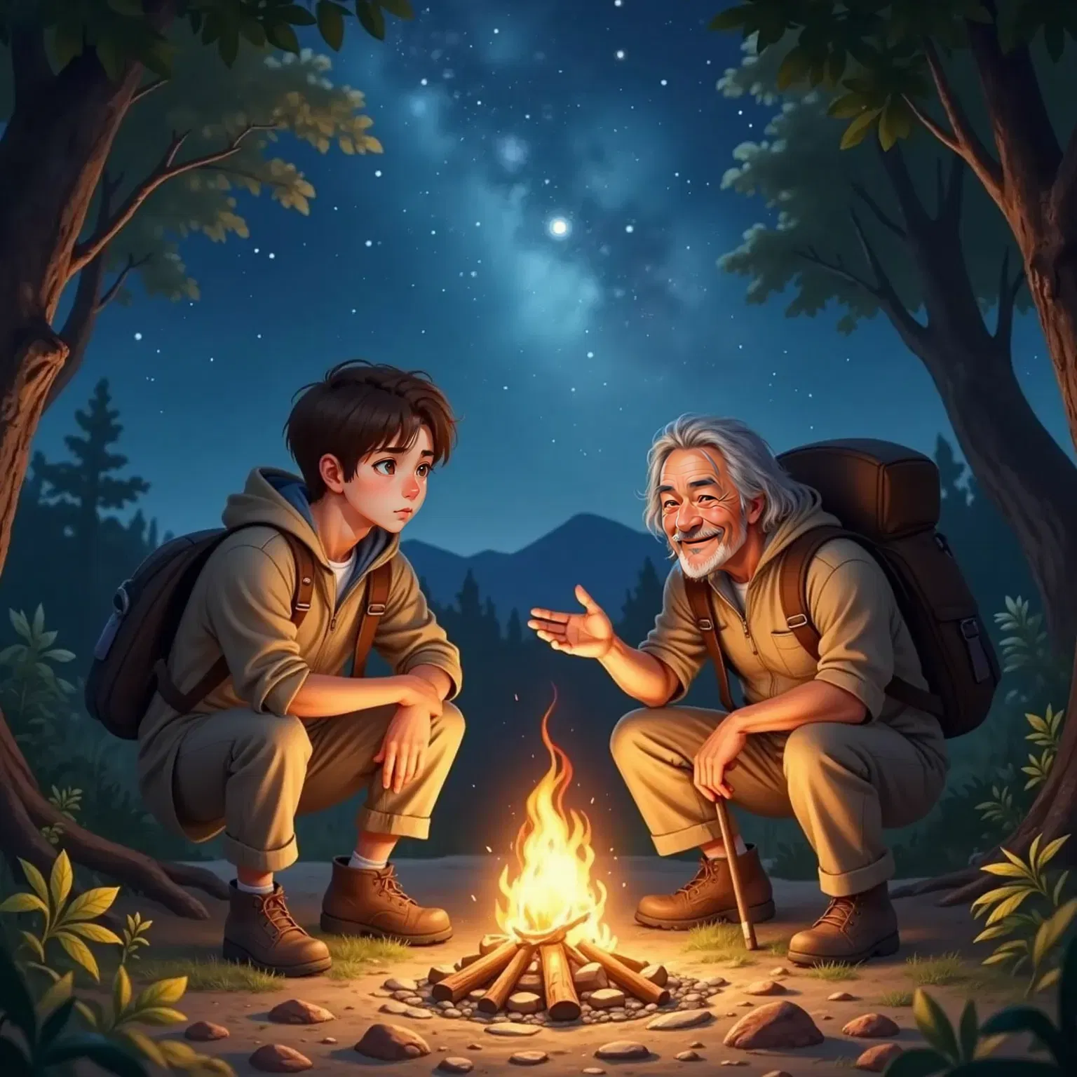 The Explorer sitting by a campfire, listening intently to an old traveler. A night sky with stars in the background.