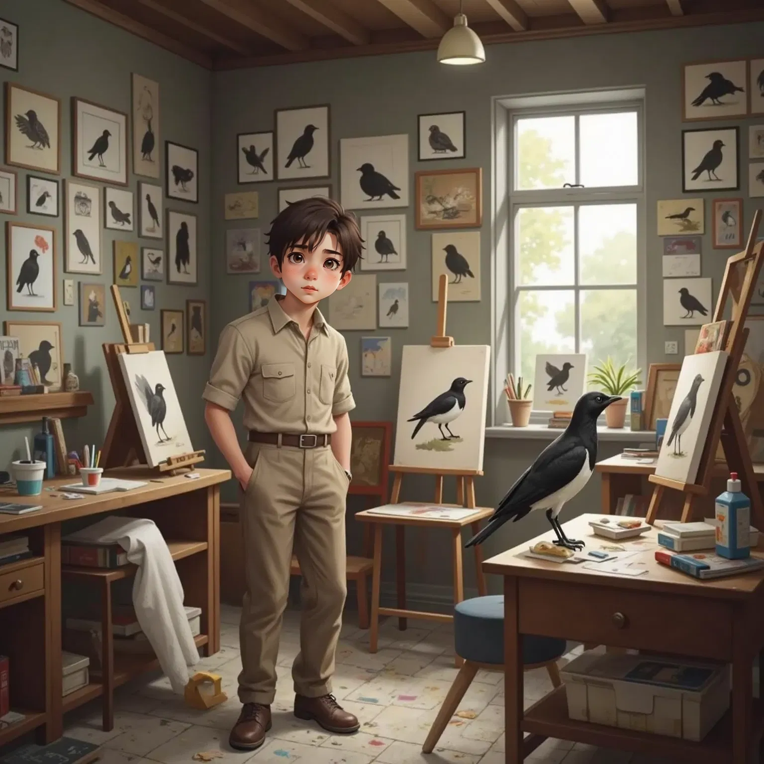 The Explorer peeking into a room filled with hundreds of Magpie paintings, some half-finished, others flawed.