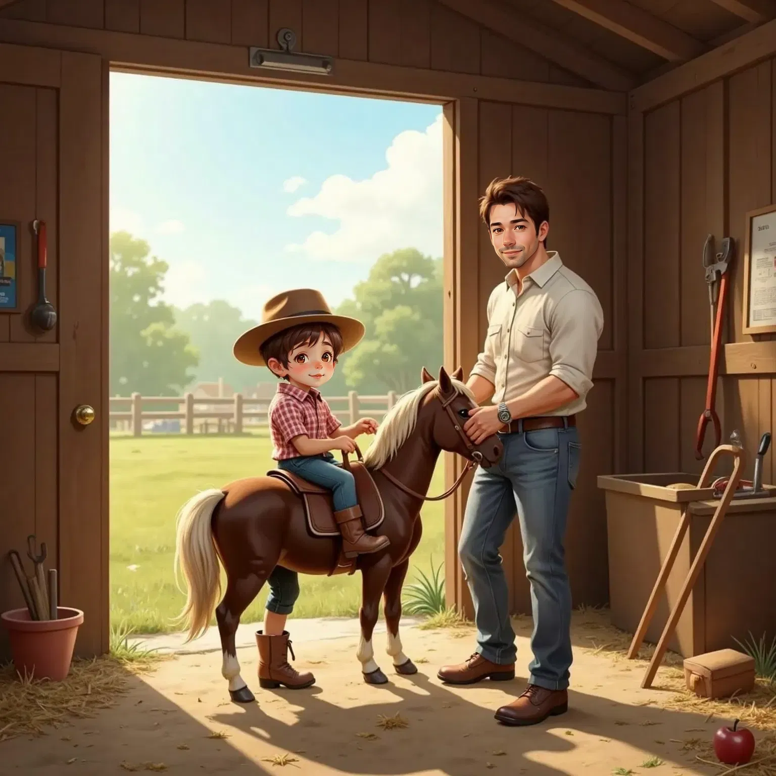 Ben practicing putting a small saddle on Charlie the pony, with Dad instructing him