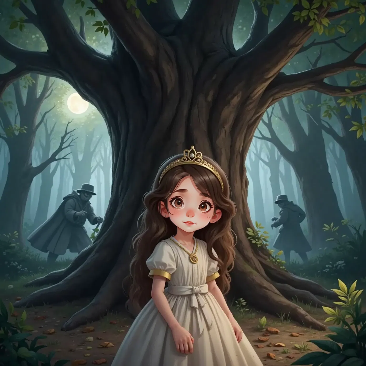 Briar Underwood standing nervously under an ancient oak tree, eerie moonlit shadows cast around her, dark figures lurking from behind the tree.