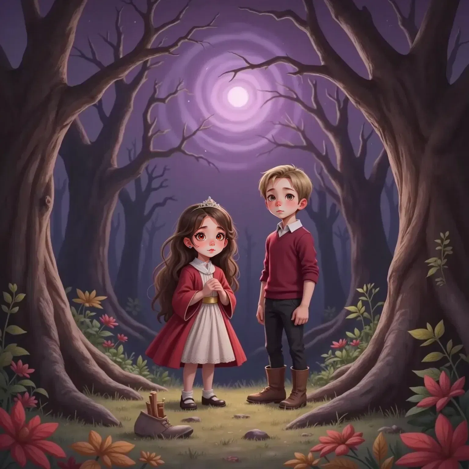 Briar Underwood and Oakley Woods in a landscape of twisted trees and purple skies, Briar looking scared, Oakley protective.