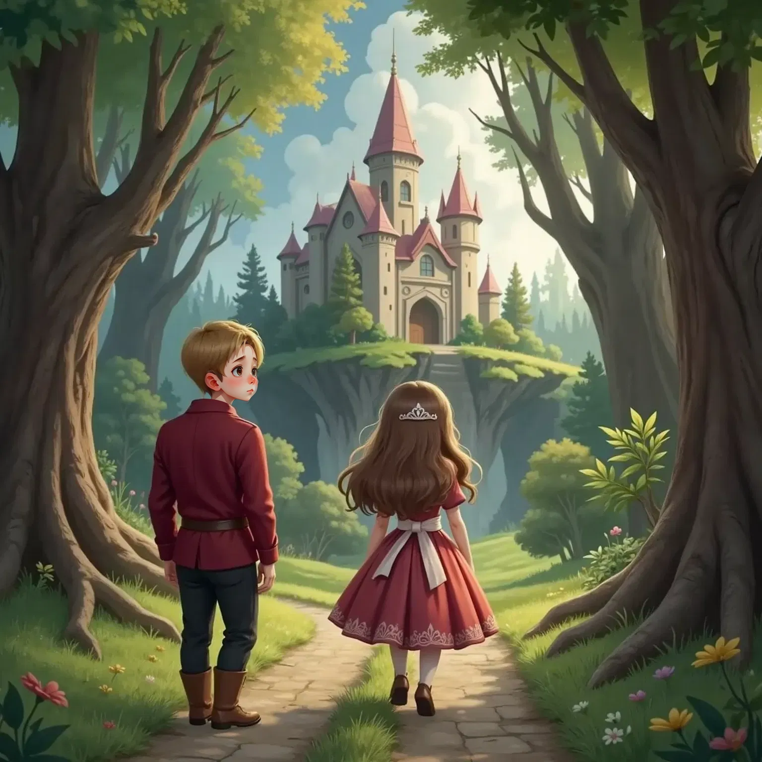 Briar Underwood walking towards a distant castle, determined expression, Oakley Woods watching her leave with concern.