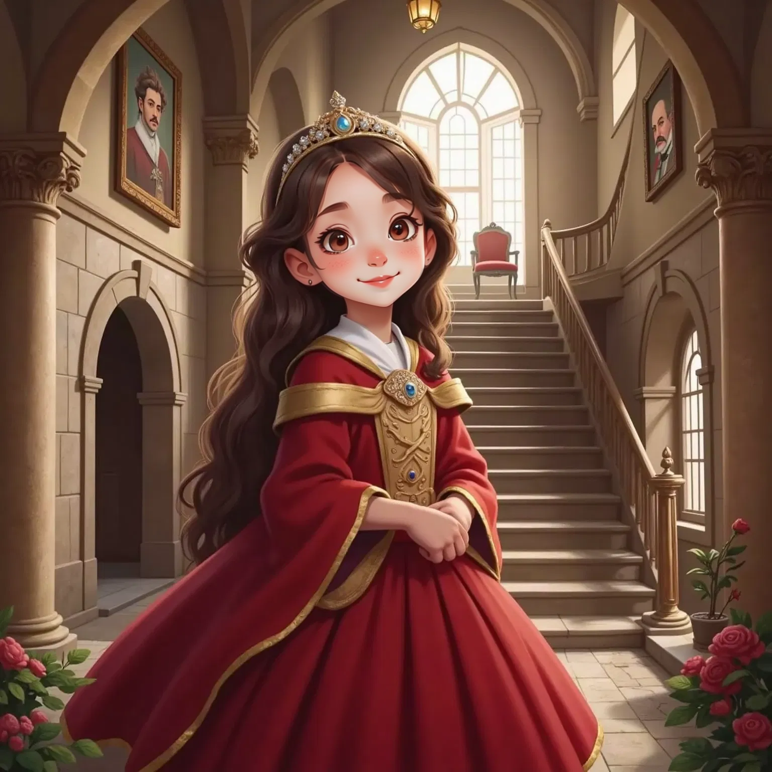 Briar Underwood in a grand castle hall with portraits on the walls, climbing a spiral staircase towards a room with two thrones.