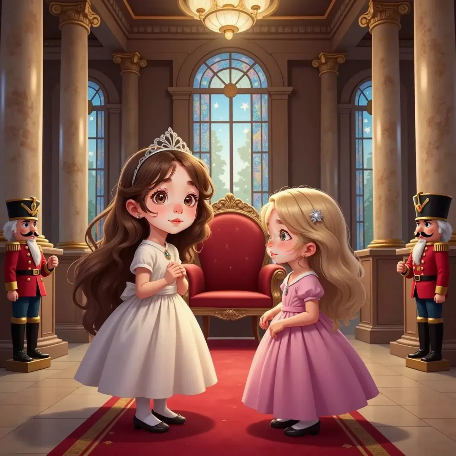 Briar Underwood facing Lily Gillis in a throne room, Lily circling her with a gleam in her eyes, Briar looking shocked.