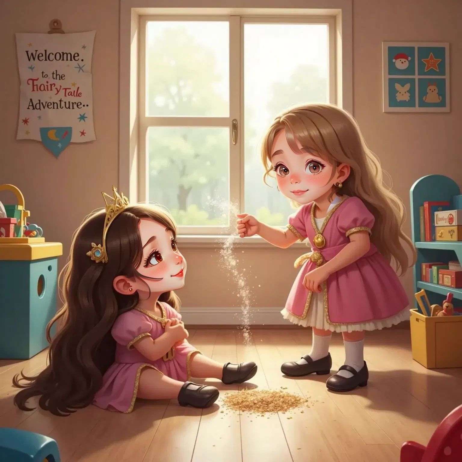 Briar Underwood collapsing to the floor as Lily Gillis blows sparkling dust at her, Lily laughing triumphantly.