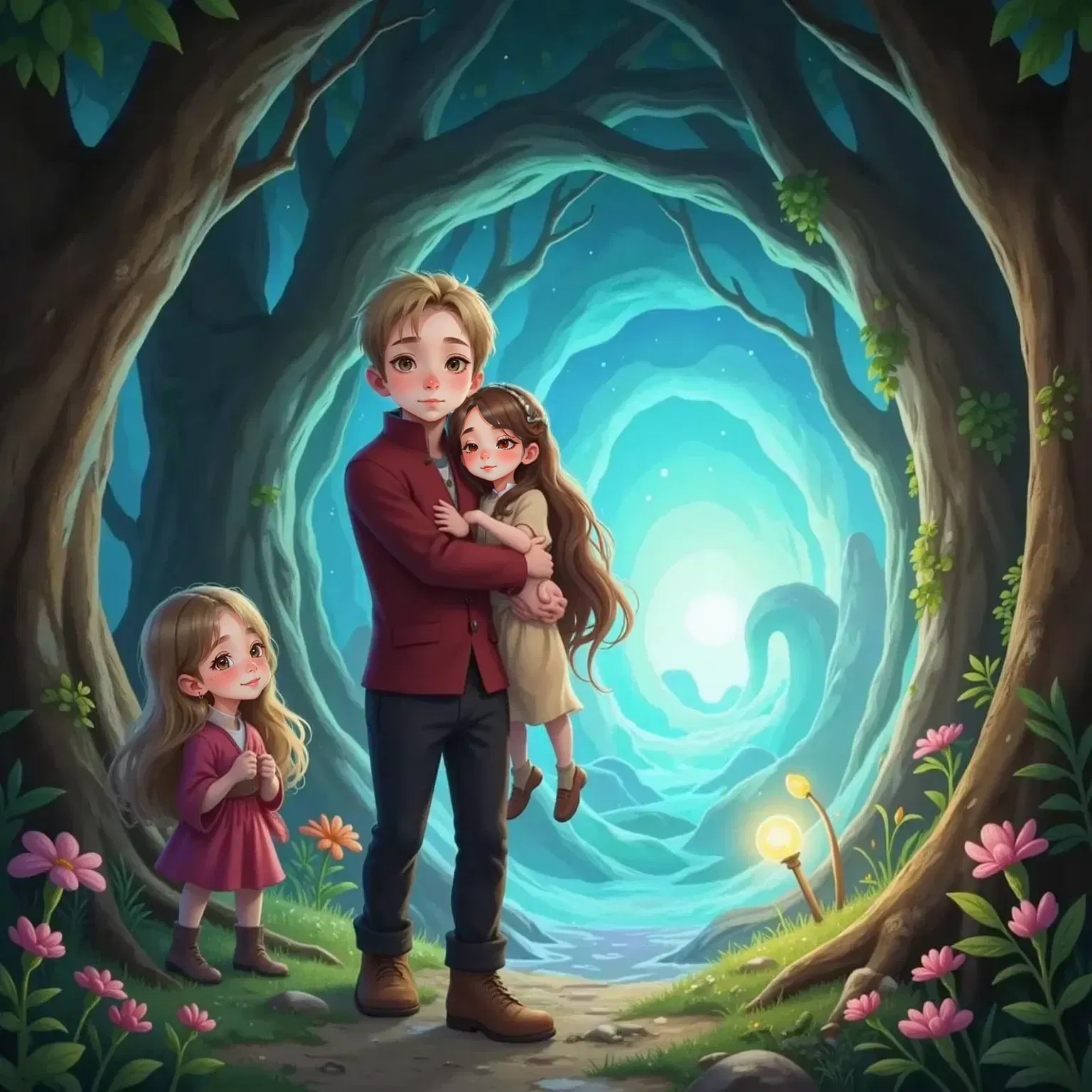 Oakley Woods carrying an sleeping Briar Underwood through a portal, determination on his face, Lily Gillis watching with a smirk.