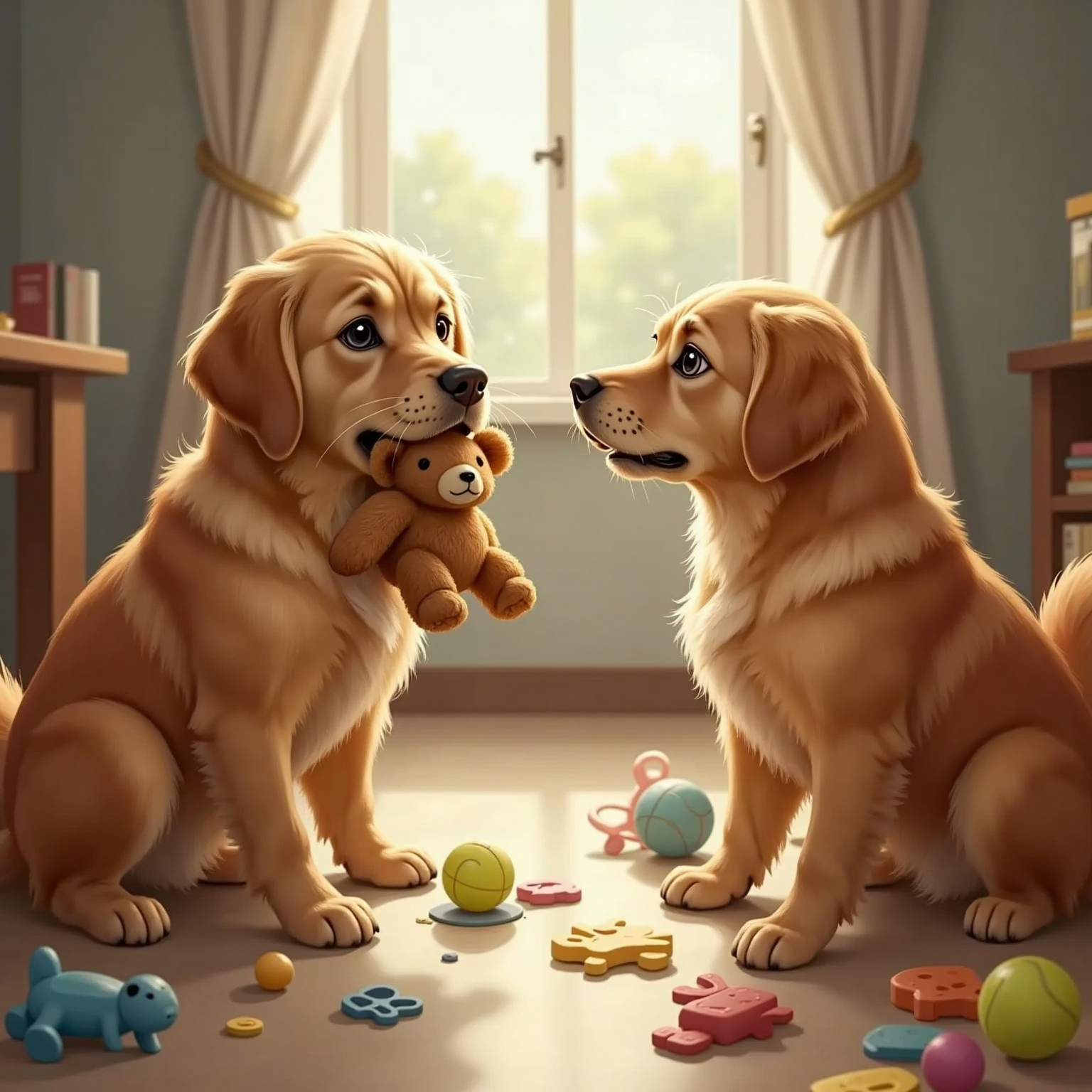 Milo with drooping ears standing between his brother and sister, who are facing each other angrily. A disheveled room with toys scattered around.